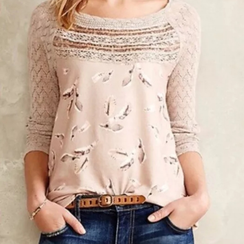 Anthropologie One September Womens Aves Feather Top Medium Cream Lace